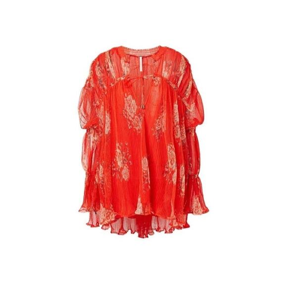 Free People Womens Dahlia Tunic Sz XS Red Floral Pop Combo Bell Sleeve NWT - Picture 4 of 10